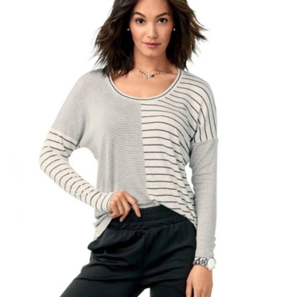 CAbi Black Heathered White Stripe Long Sleeve Pivot Tunic Tee Size Small